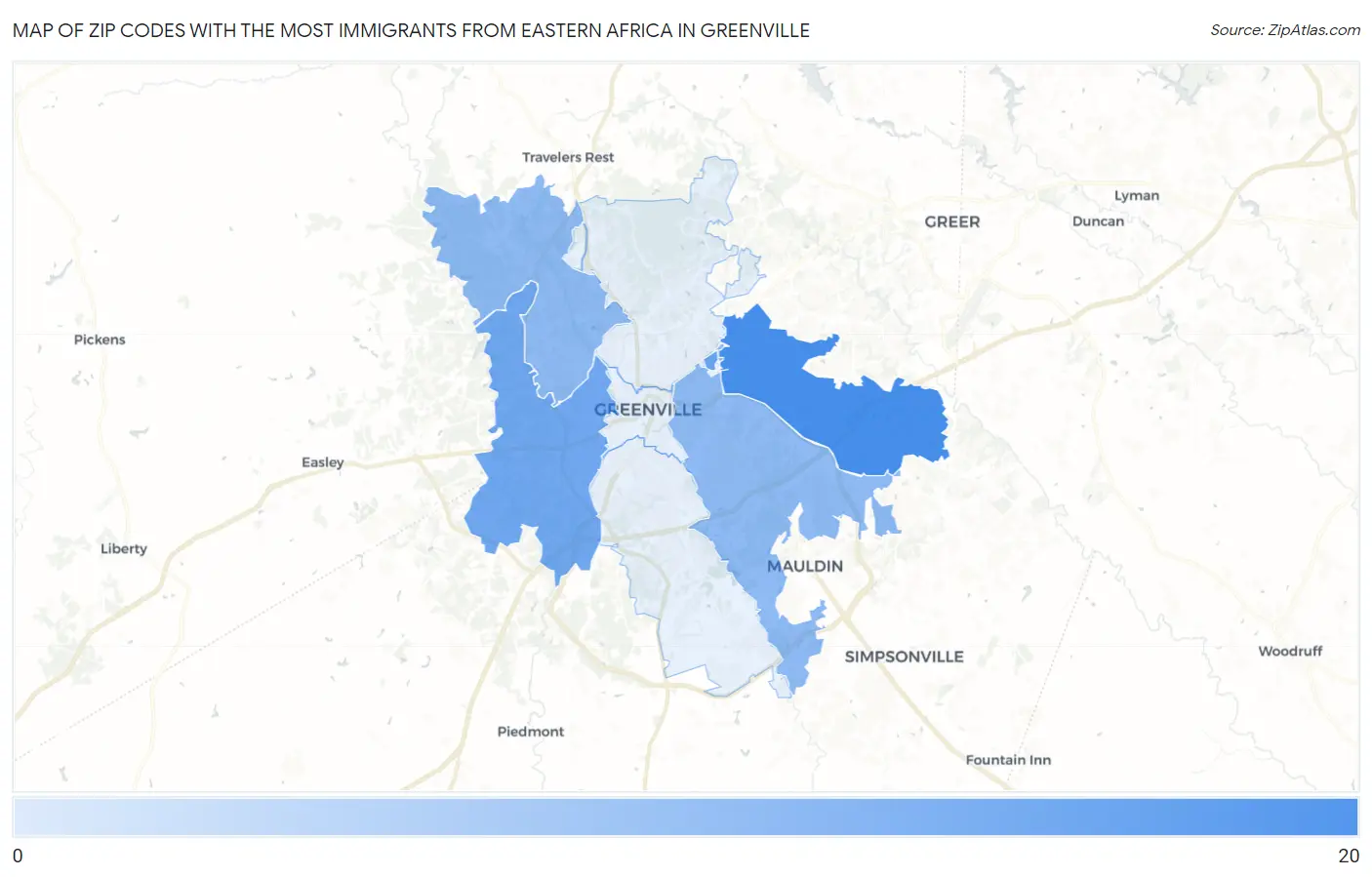 Zip Codes with the Most Immigrants from Eastern Africa in Greenville Map