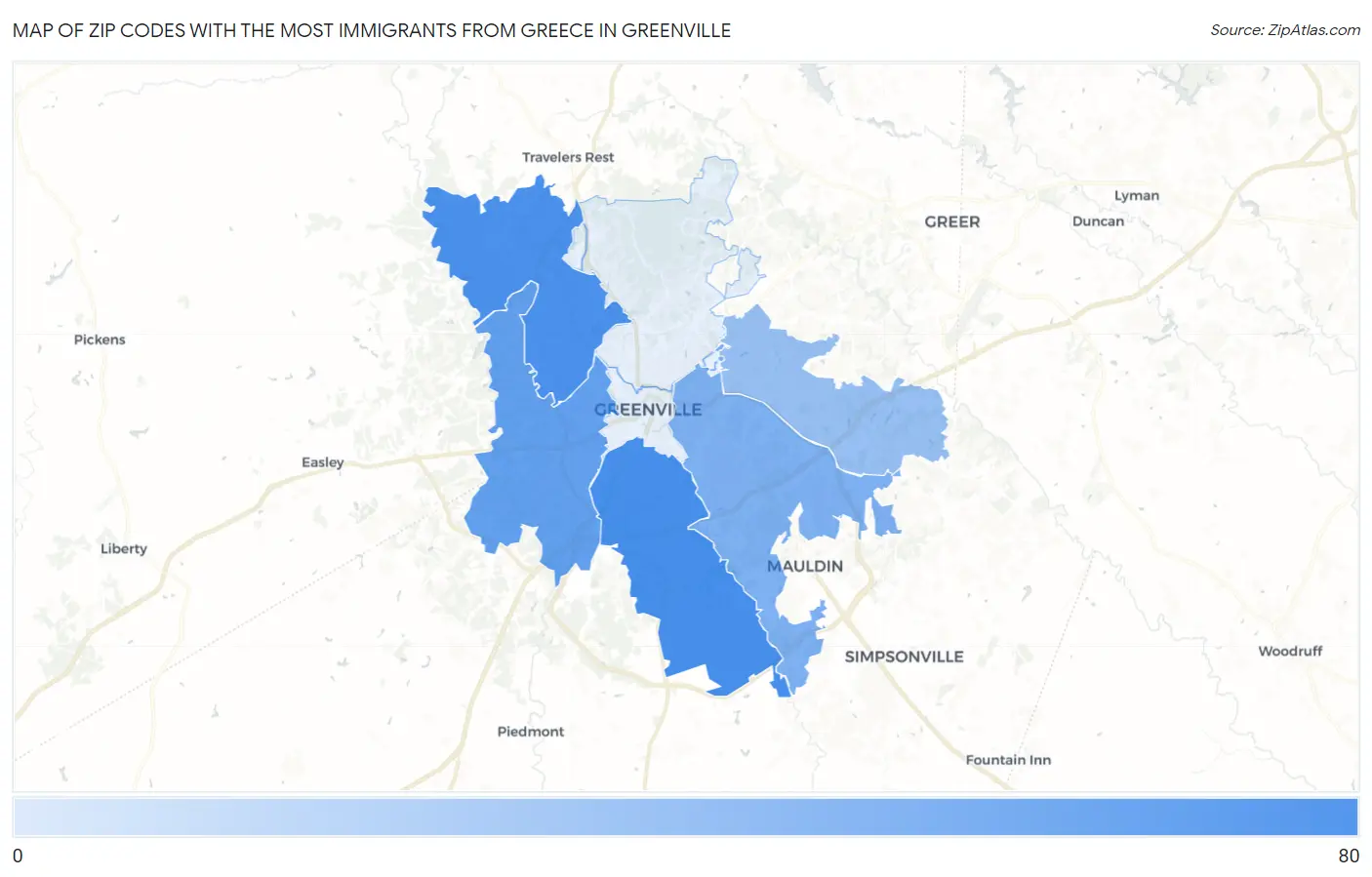 Zip Codes with the Most Immigrants from Greece in Greenville Map