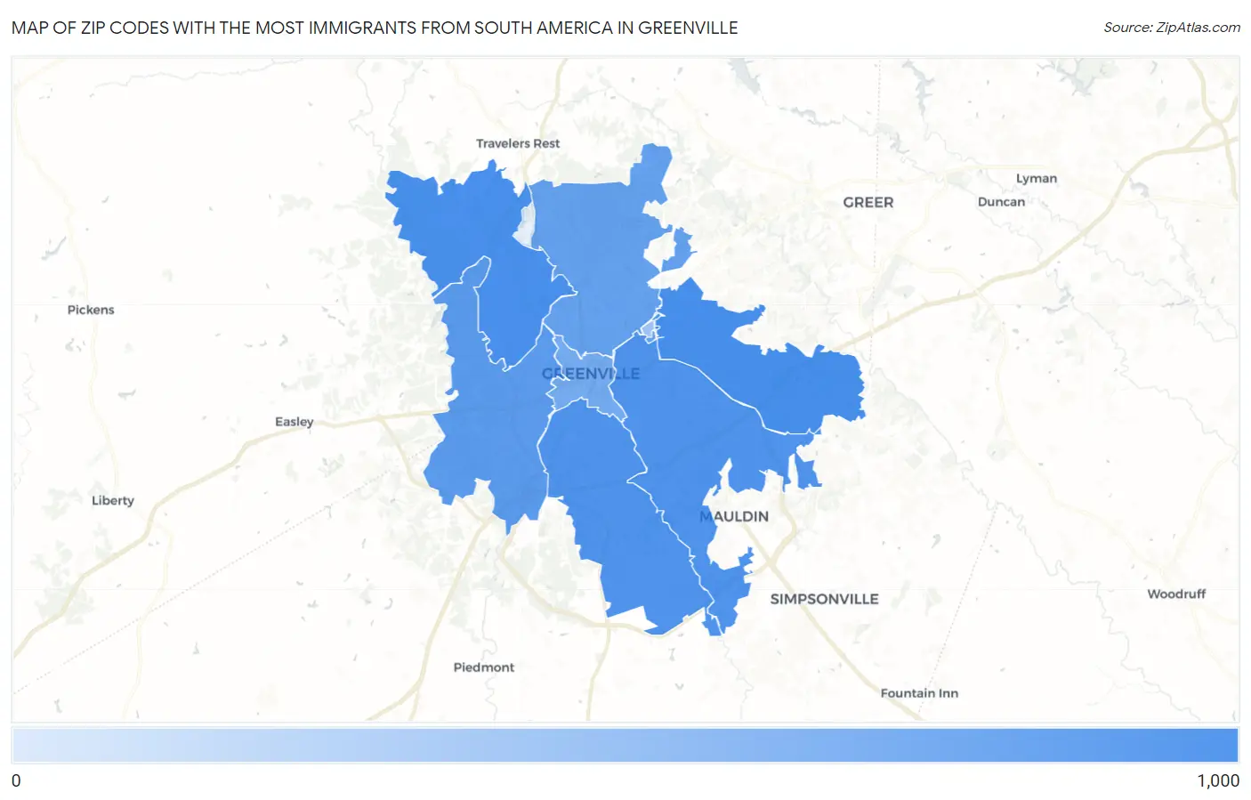 Zip Codes with the Most Immigrants from South America in Greenville Map