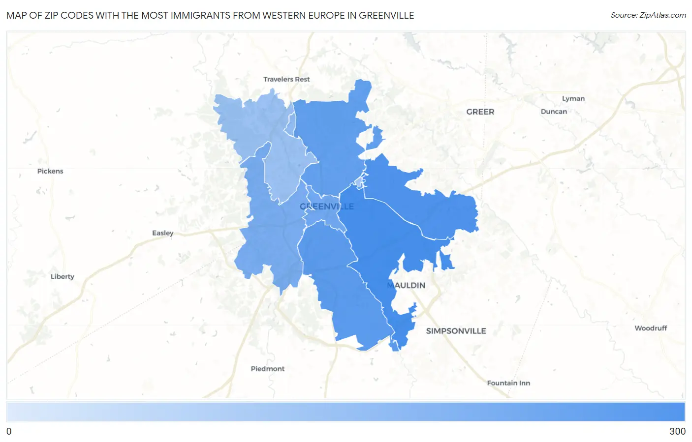 Zip Codes with the Most Immigrants from Western Europe in Greenville Map