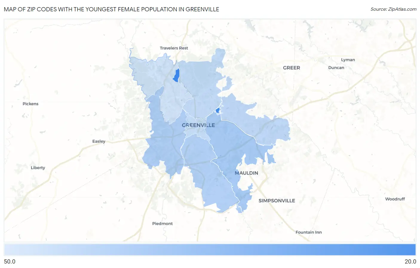Zip Codes with the Youngest Female Population in Greenville Map