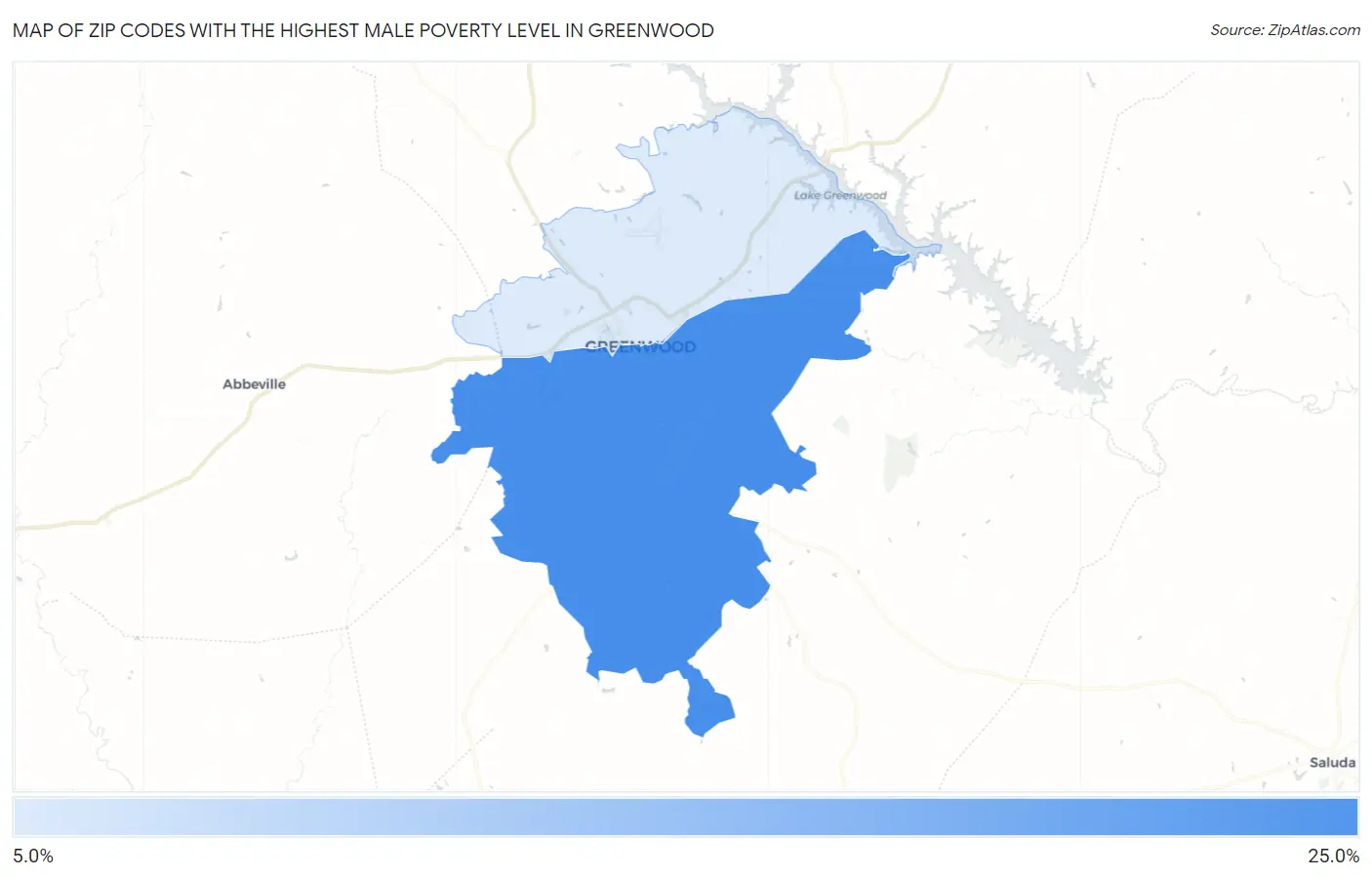 Zip Codes with the Highest Male Poverty Level in Greenwood Map