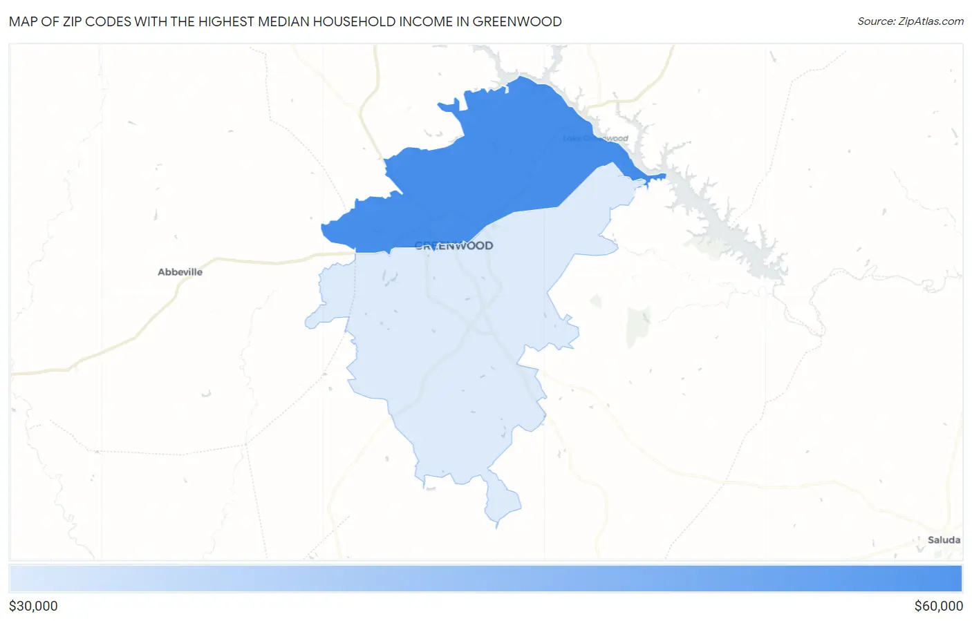 Zip Codes with the Highest Median Household Income in Greenwood Map