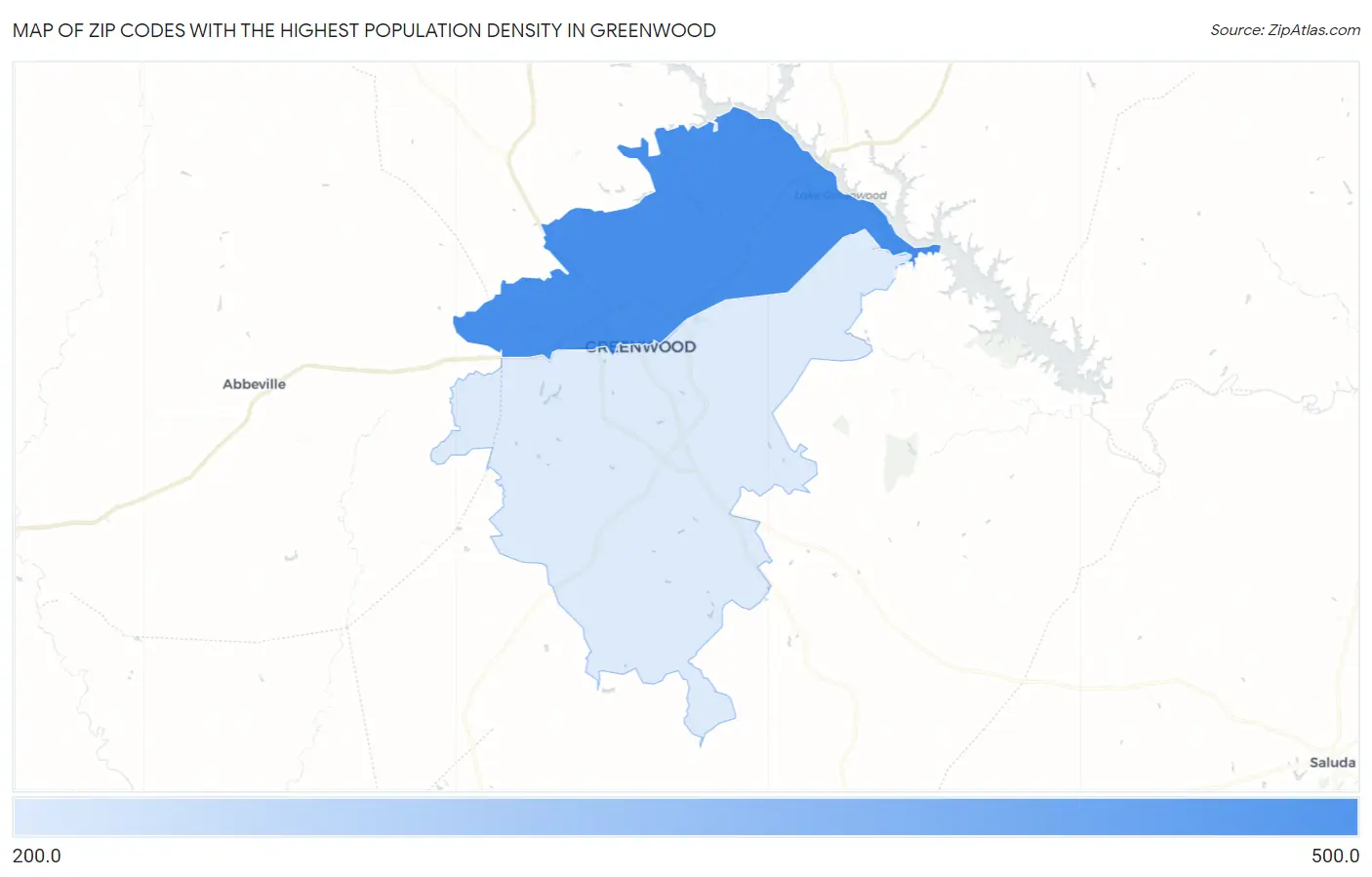 Zip Codes with the Highest Population Density in Greenwood Map