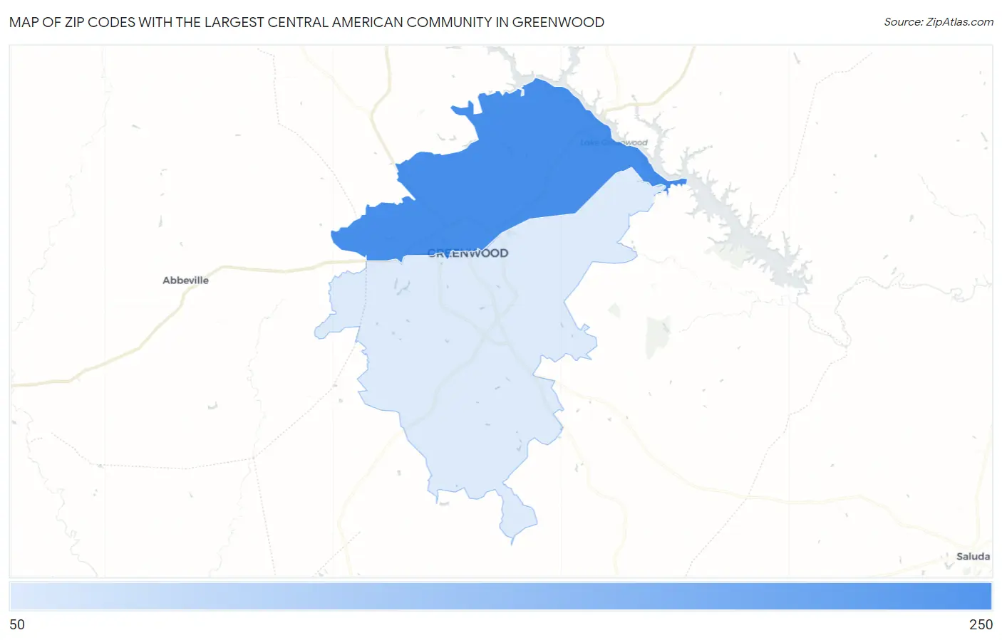 Zip Codes with the Largest Central American Community in Greenwood Map
