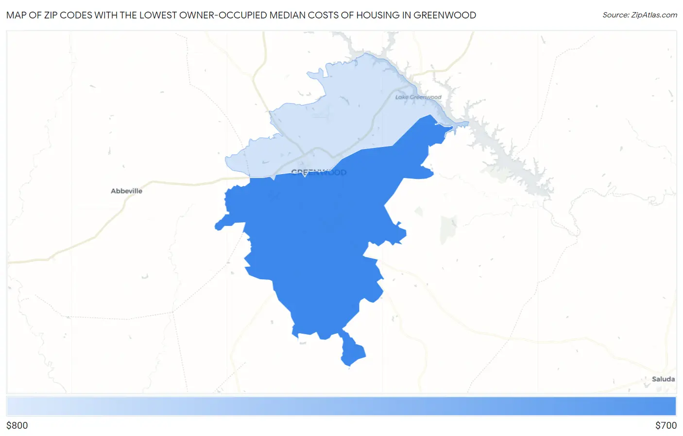 Zip Codes with the Lowest Owner-Occupied Median Costs of Housing in Greenwood Map