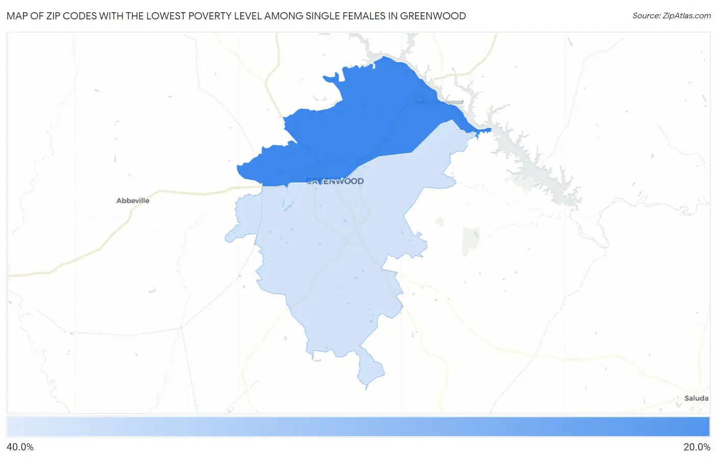 Zip Codes with the Lowest Poverty Level Among Single Females in Greenwood Map