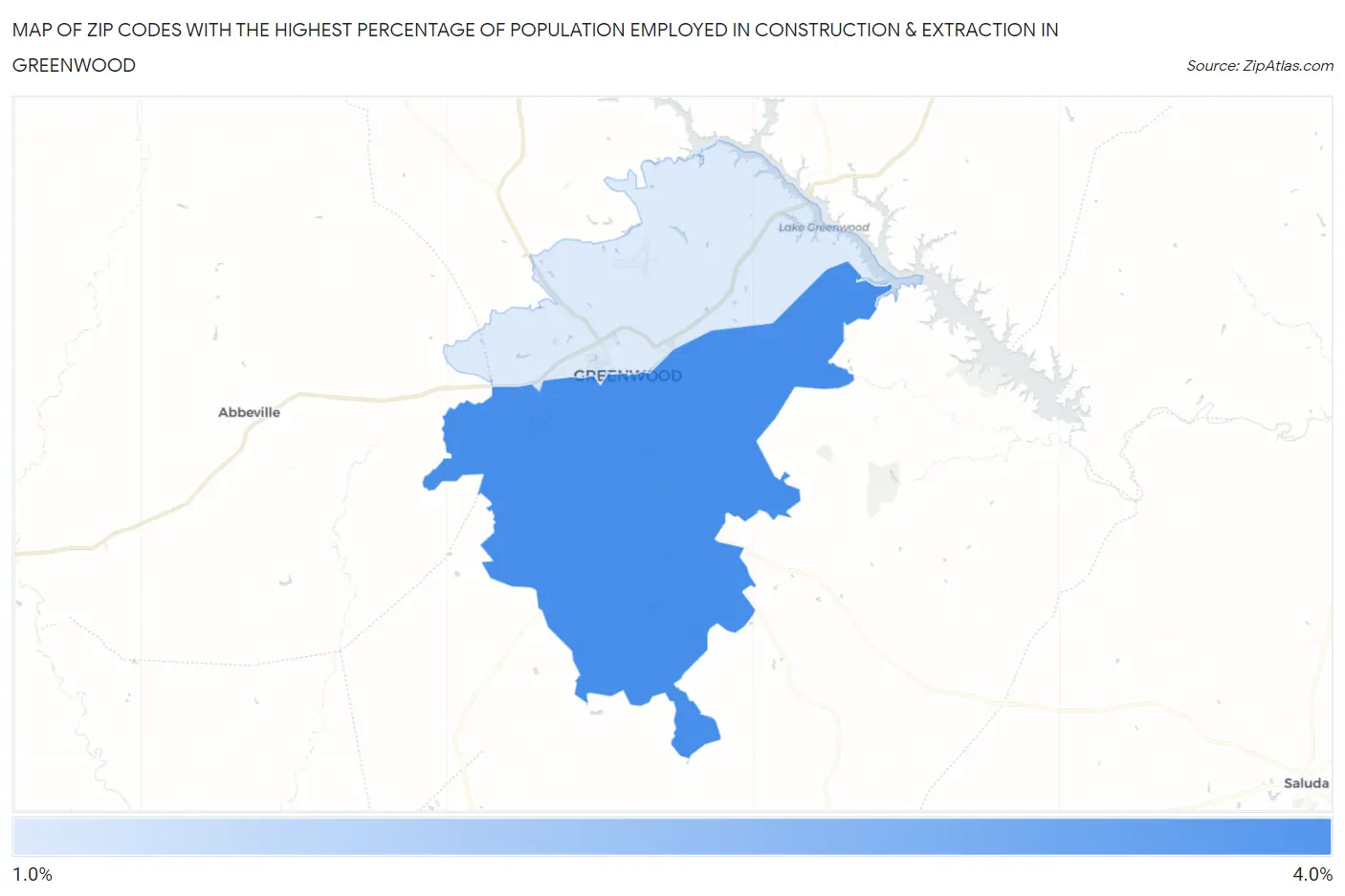 Zip Codes with the Highest Percentage of Population Employed in Construction & Extraction in Greenwood Map