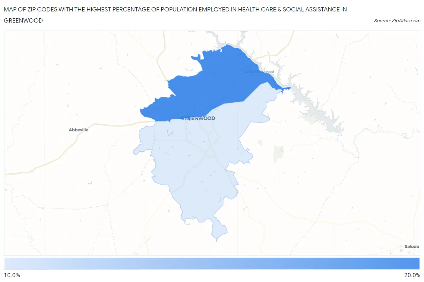 Zip Codes with the Highest Percentage of Population Employed in Health Care & Social Assistance in Greenwood Map