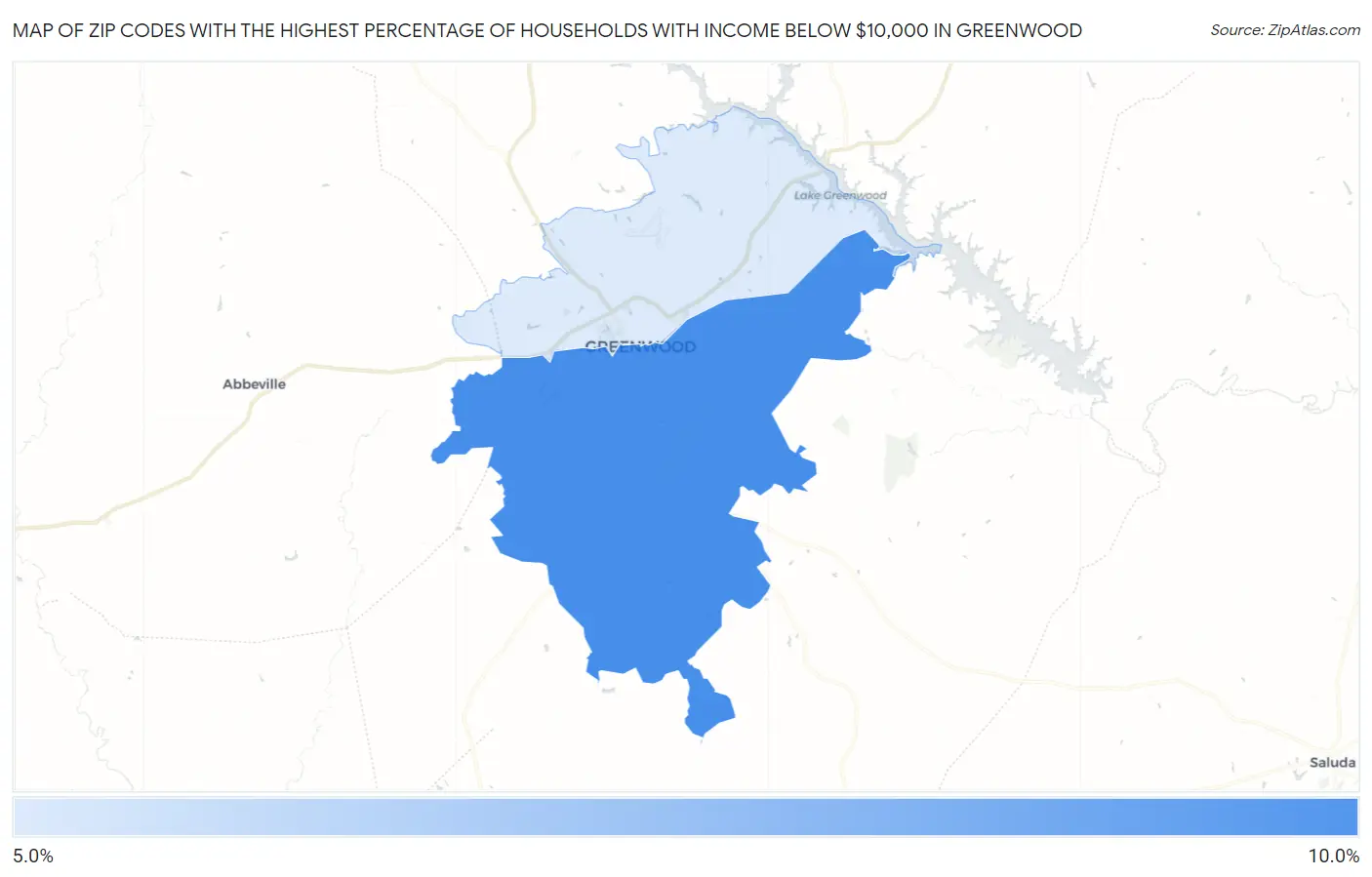 Zip Codes with the Highest Percentage of Households with Income Below $10,000 in Greenwood Map
