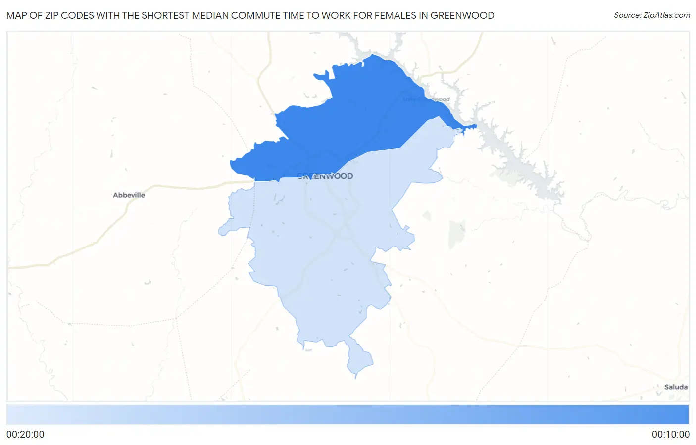 Zip Codes with the Shortest Median Commute Time to Work for Females in Greenwood Map