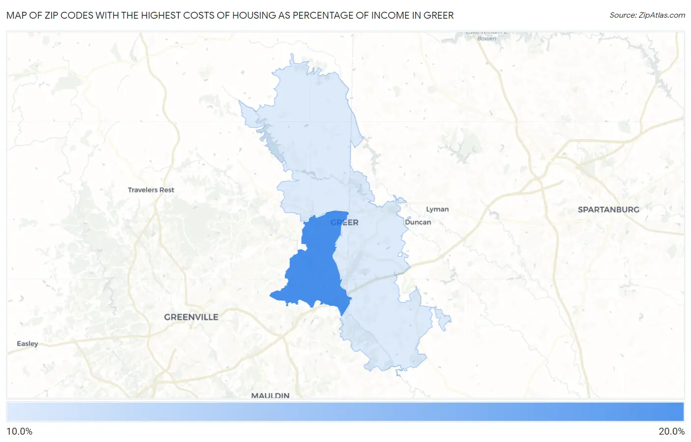 Zip Codes with the Highest Costs of Housing as Percentage of Income in Greer Map