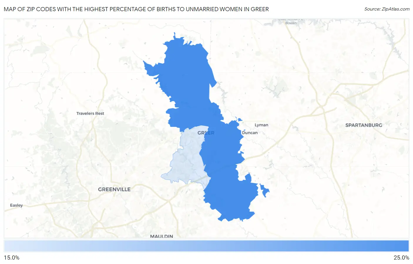 Zip Codes with the Highest Percentage of Births to Unmarried Women in Greer Map