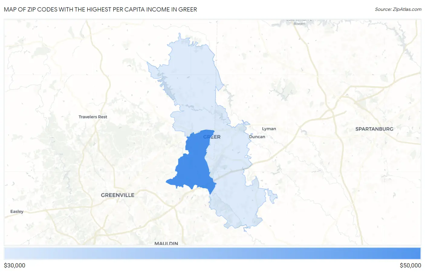 Zip Codes with the Highest Per Capita Income in Greer Map