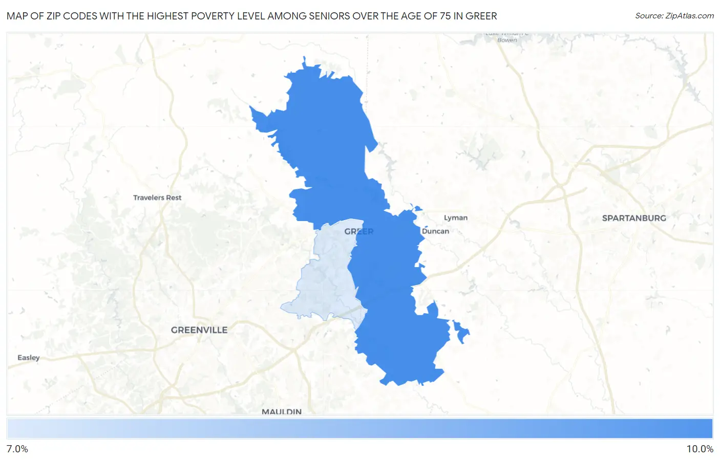 Zip Codes with the Highest Poverty Level Among Seniors Over the Age of 75 in Greer Map
