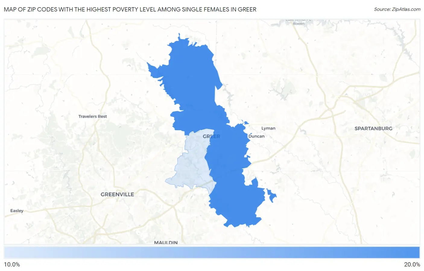 Zip Codes with the Highest Poverty Level Among Single Females in Greer Map