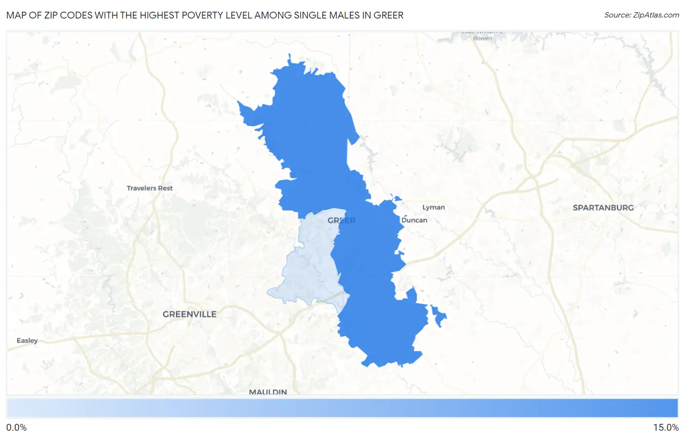 Zip Codes with the Highest Poverty Level Among Single Males in Greer Map