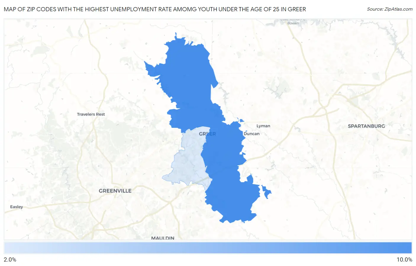 Zip Codes with the Highest Unemployment Rate Amomg Youth Under the Age of 25 in Greer Map