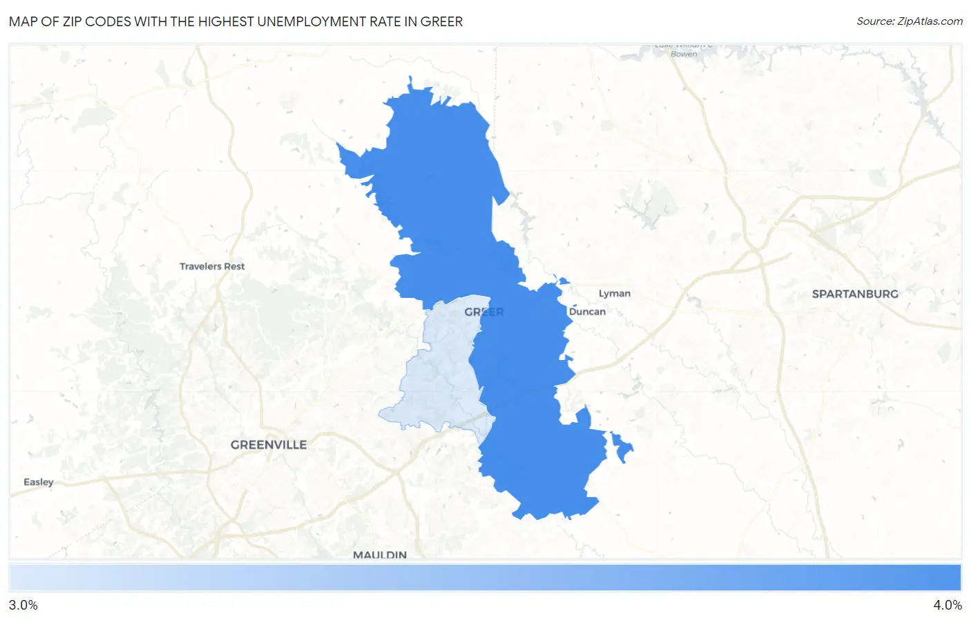 Zip Codes with the Highest Unemployment Rate in Greer Map
