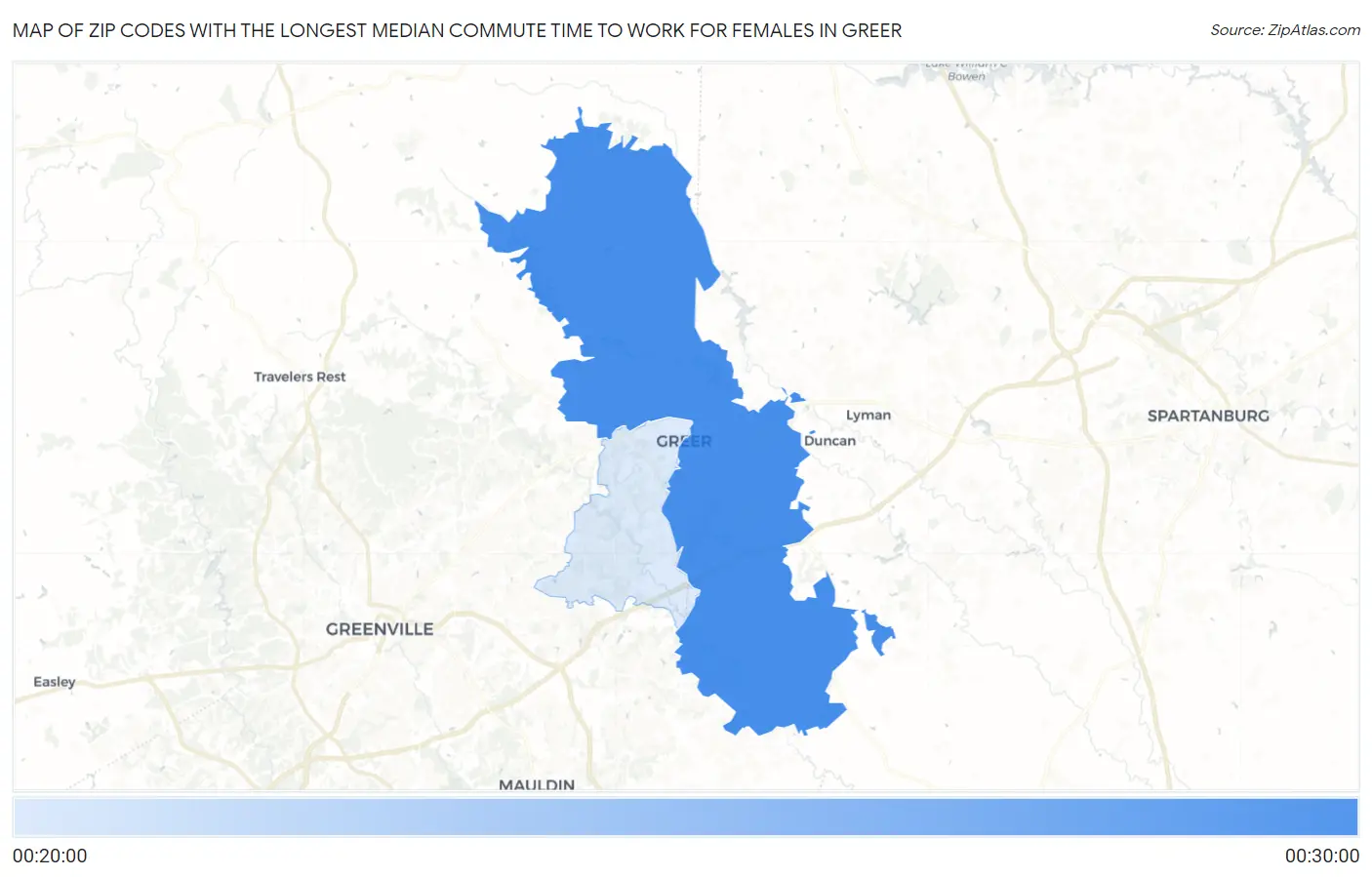 Zip Codes with the Longest Median Commute Time to Work for Females in Greer Map