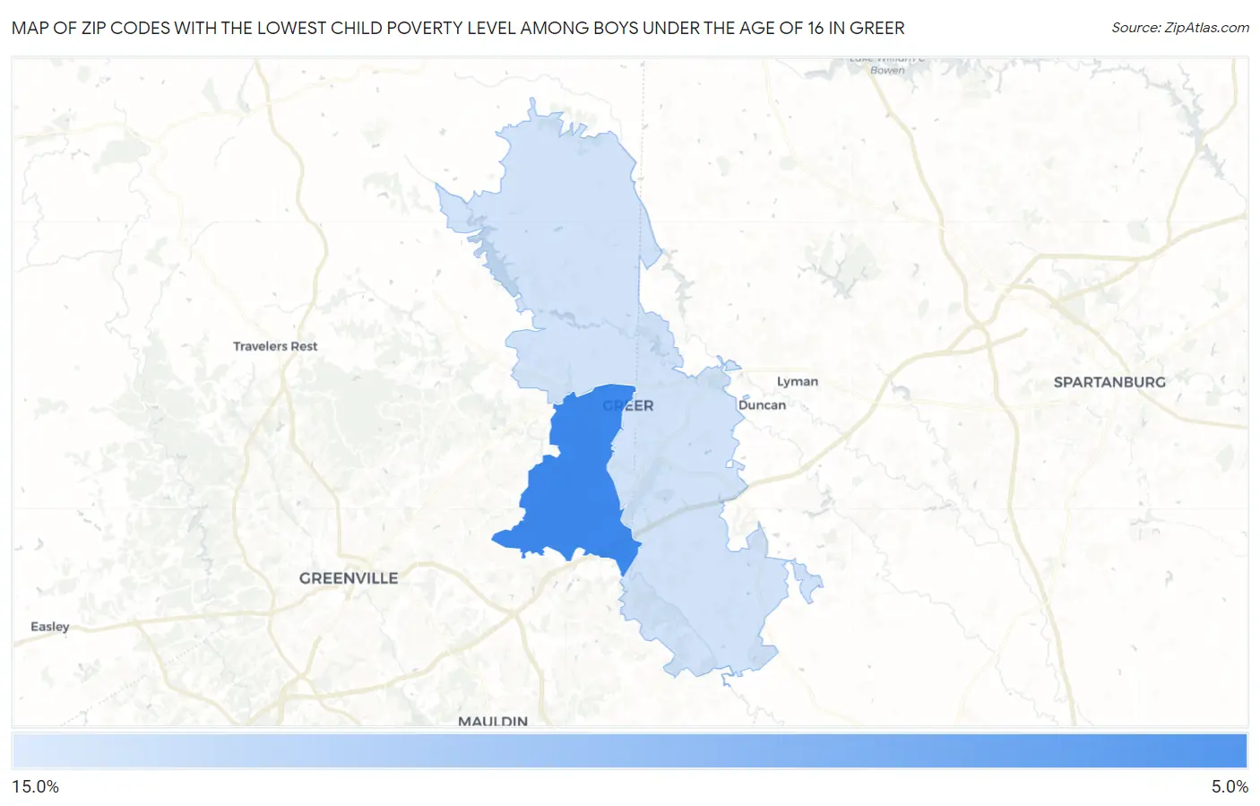 Zip Codes with the Lowest Child Poverty Level Among Boys Under the Age of 16 in Greer Map