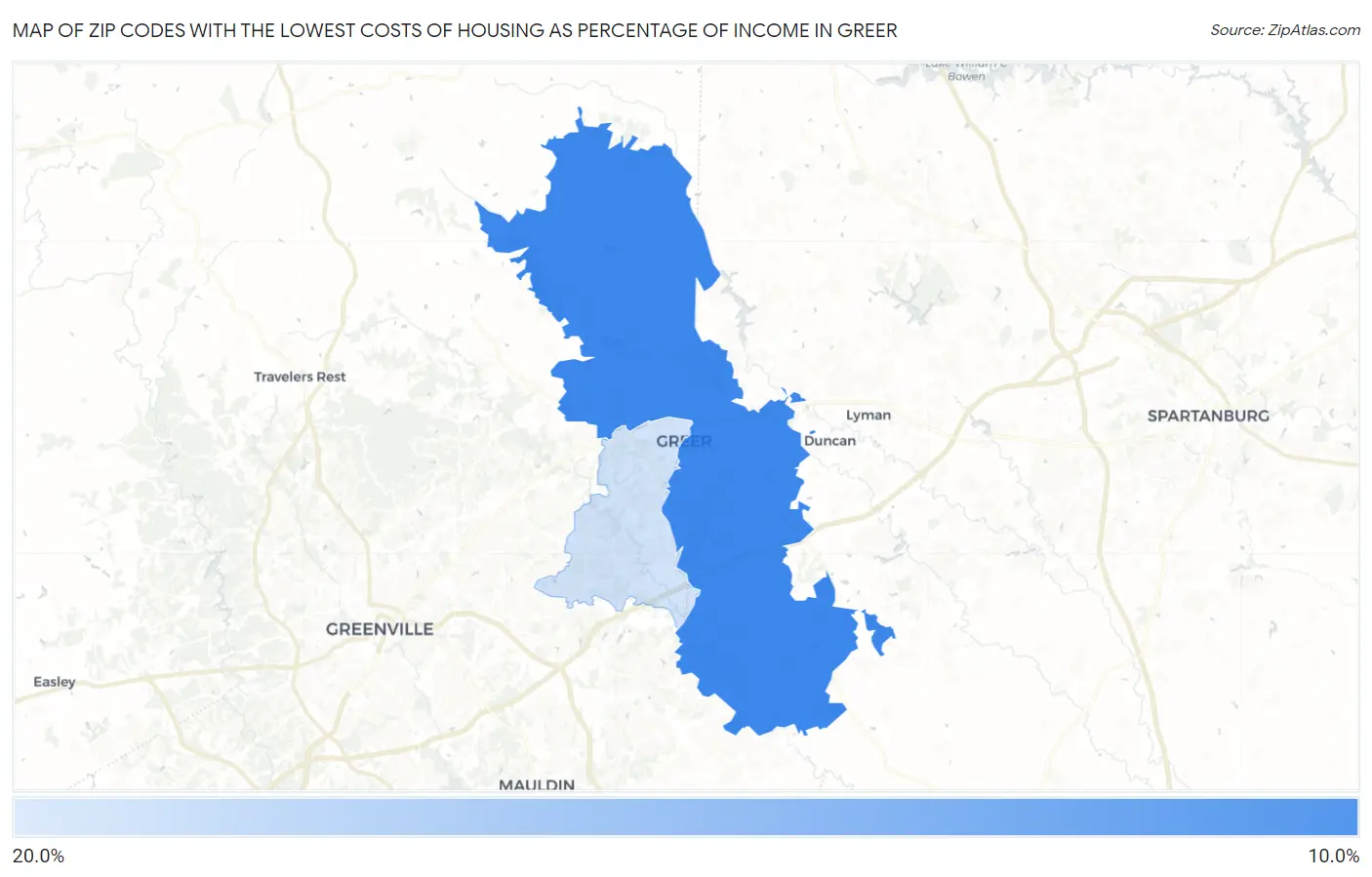 Zip Codes with the Lowest Costs of Housing as Percentage of Income in Greer Map
