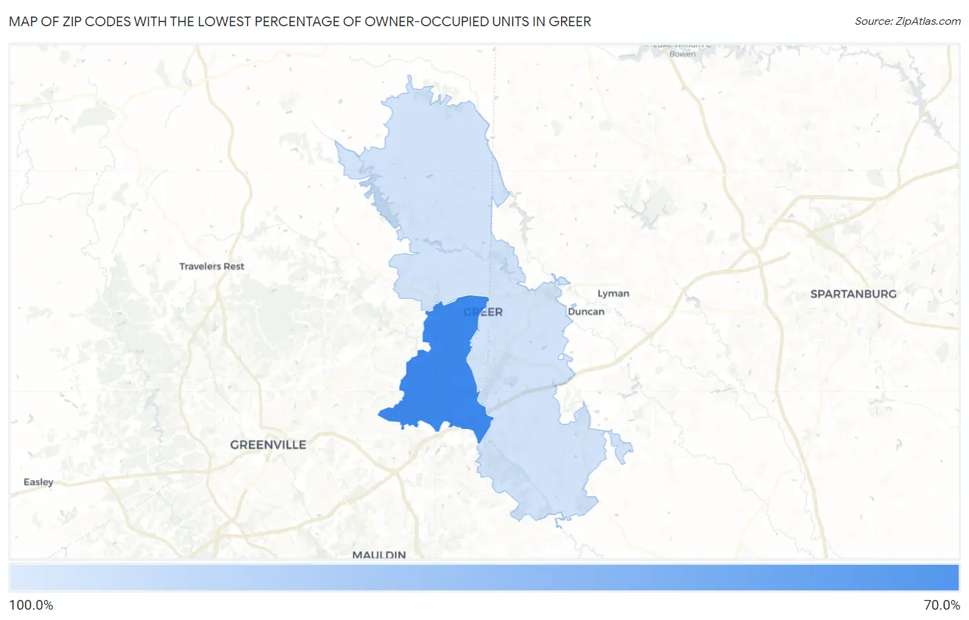 Zip Codes with the Lowest Percentage of Owner-Occupied Units in Greer Map
