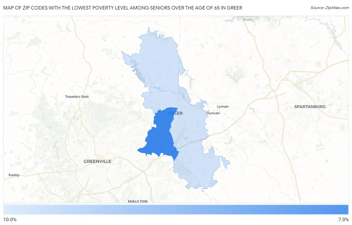 Zip Codes with the Lowest Poverty Level Among Seniors Over the Age of 65 in Greer Map
