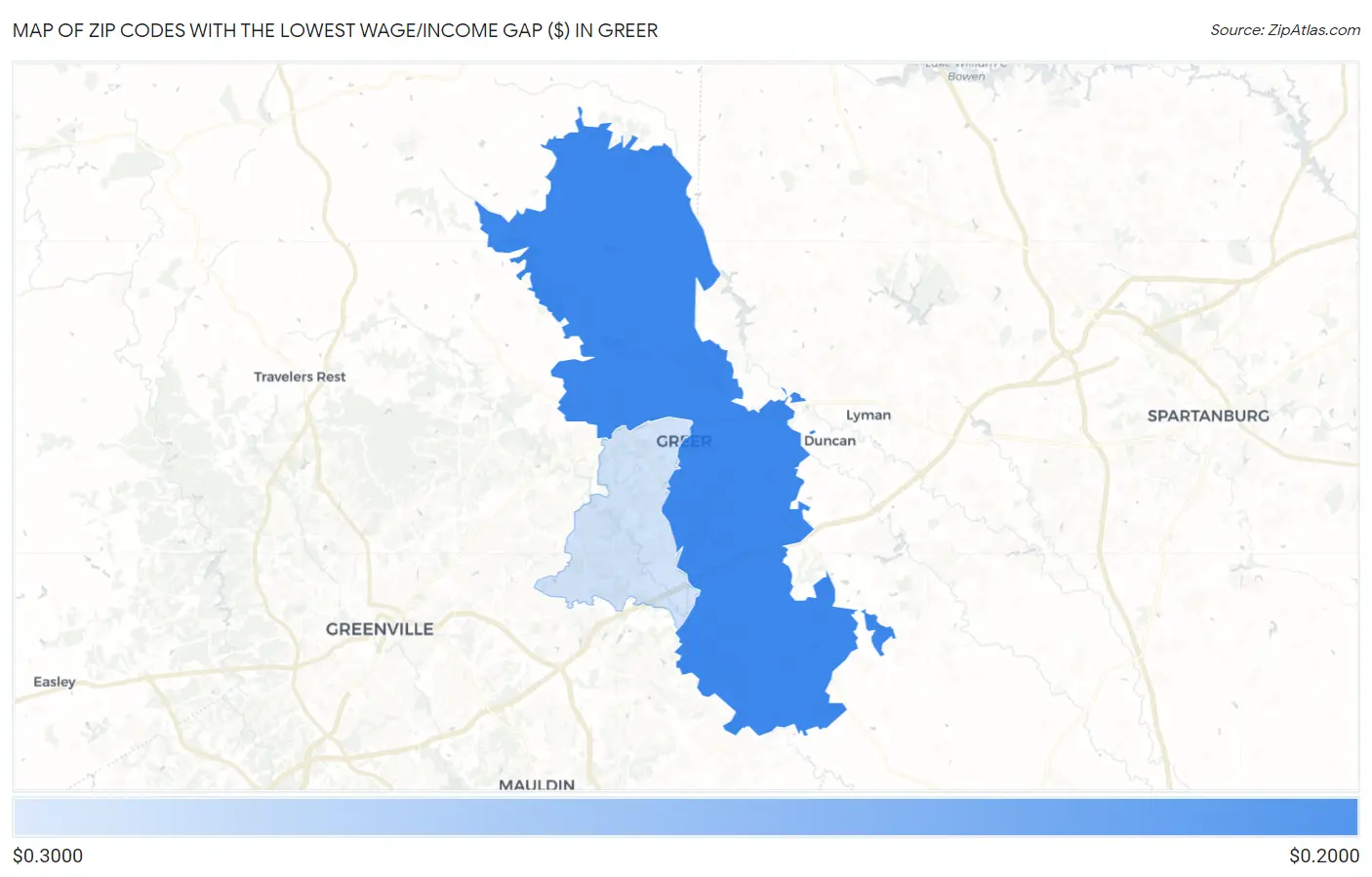 Zip Codes with the Lowest Wage/Income Gap ($) in Greer Map