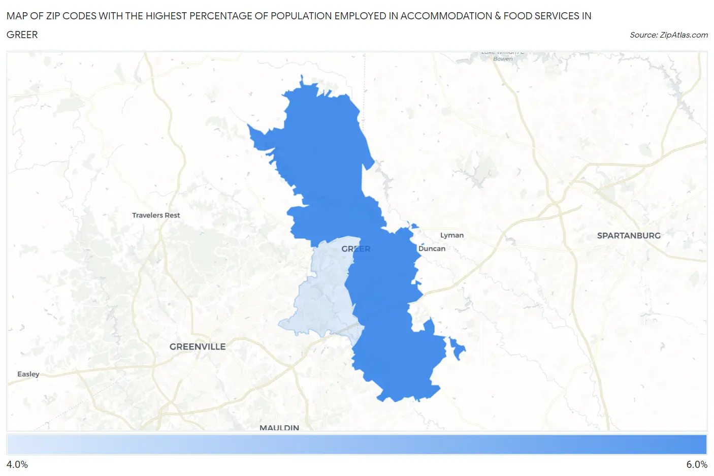 Zip Codes with the Highest Percentage of Population Employed in Accommodation & Food Services in Greer Map