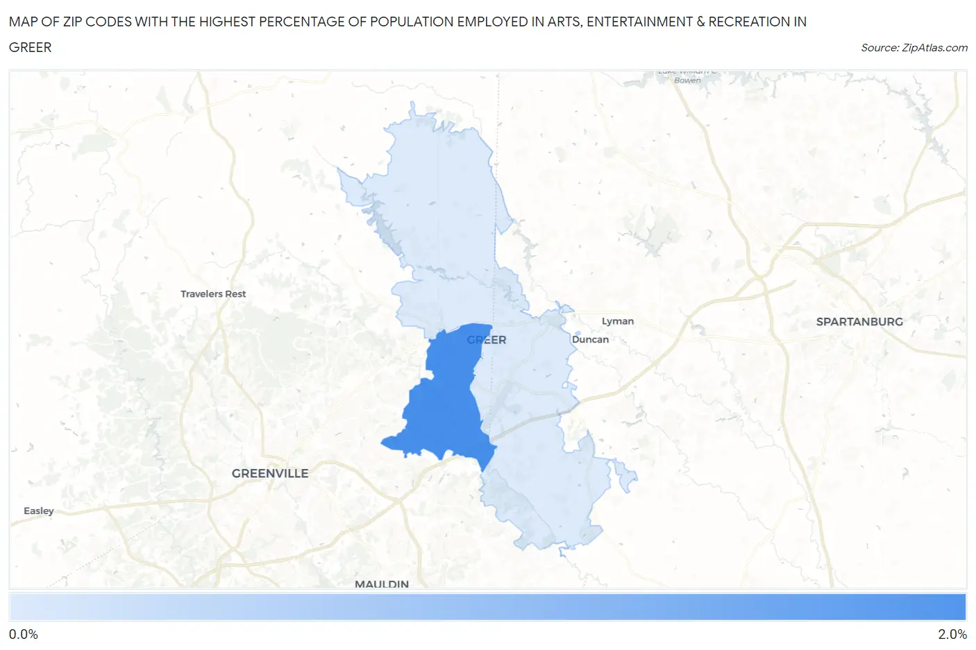 Zip Codes with the Highest Percentage of Population Employed in Arts, Entertainment & Recreation in Greer Map
