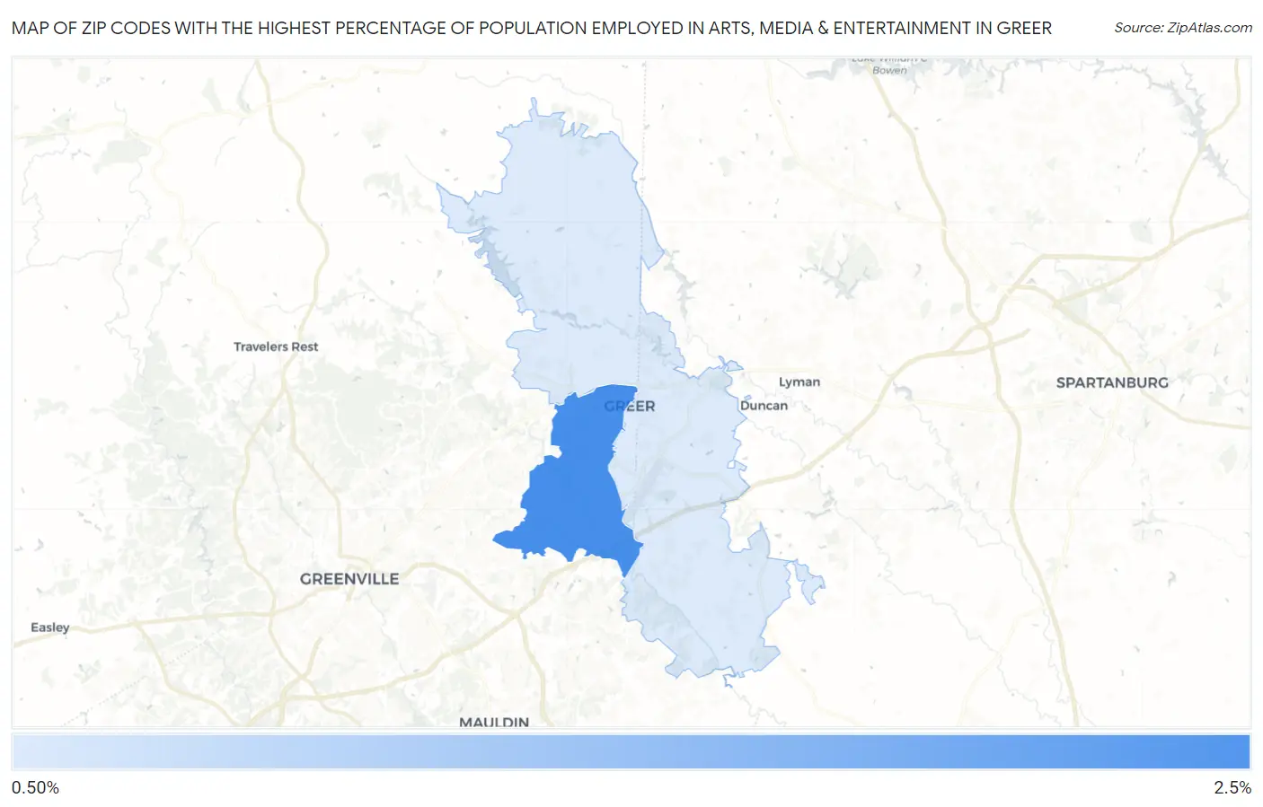 Zip Codes with the Highest Percentage of Population Employed in Arts, Media & Entertainment in Greer Map