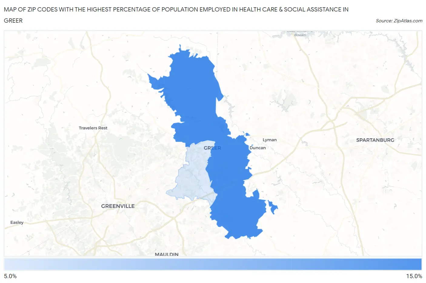 Zip Codes with the Highest Percentage of Population Employed in Health Care & Social Assistance in Greer Map