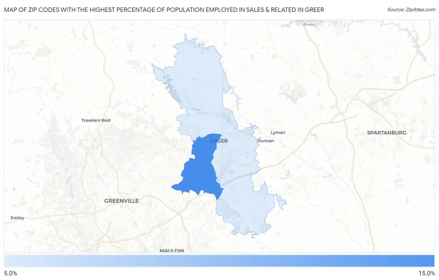 Zip Codes with the Highest Percentage of Population Employed in Sales & Related in Greer Map