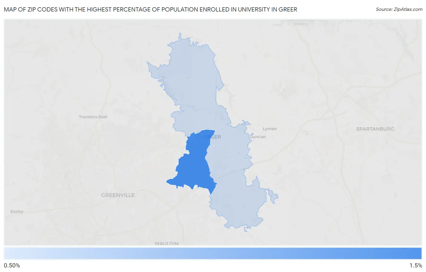 Zip Codes with the Highest Percentage of Population Enrolled in University in Greer Map