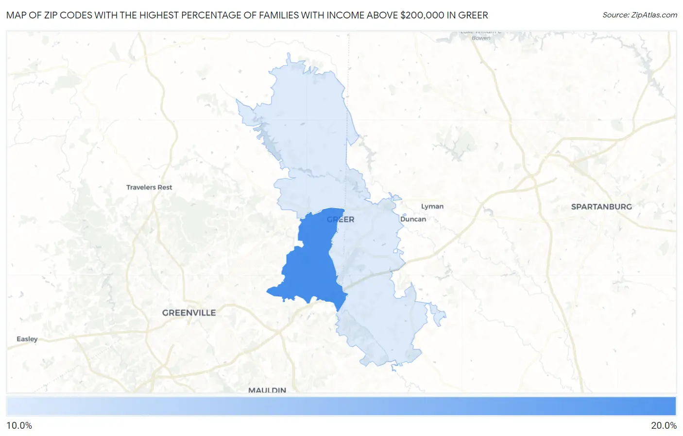 Zip Codes with the Highest Percentage of Families with Income Above $200,000 in Greer Map