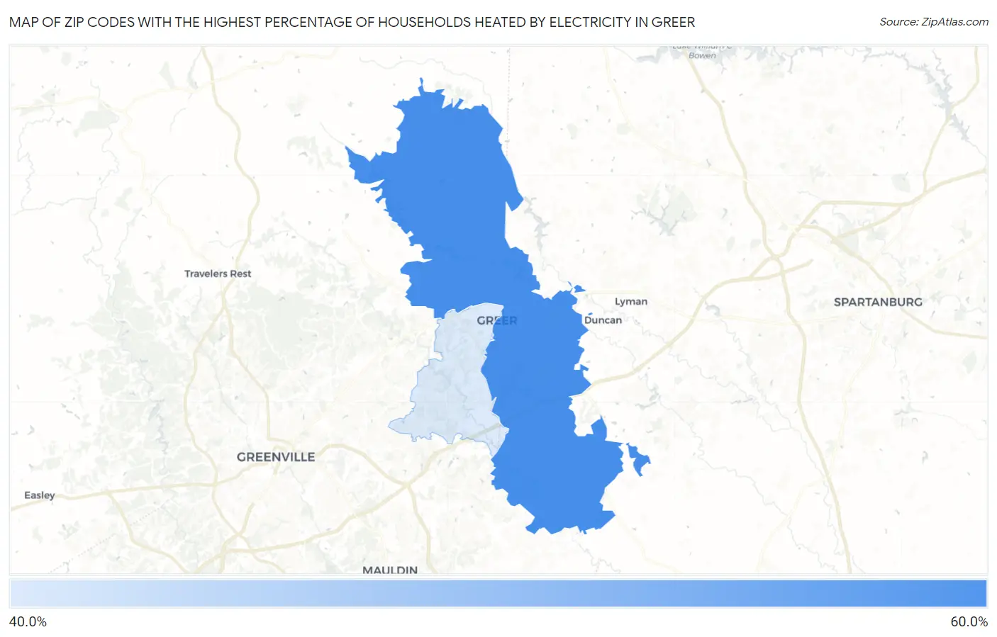 Zip Codes with the Highest Percentage of Households Heated by Electricity in Greer Map