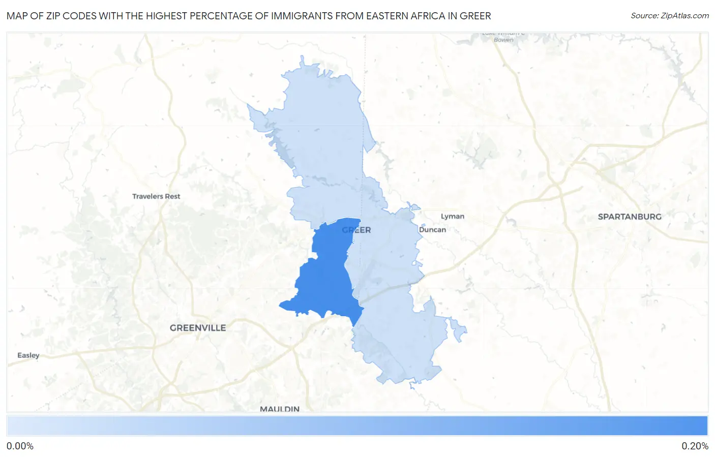 Zip Codes with the Highest Percentage of Immigrants from Eastern Africa in Greer Map