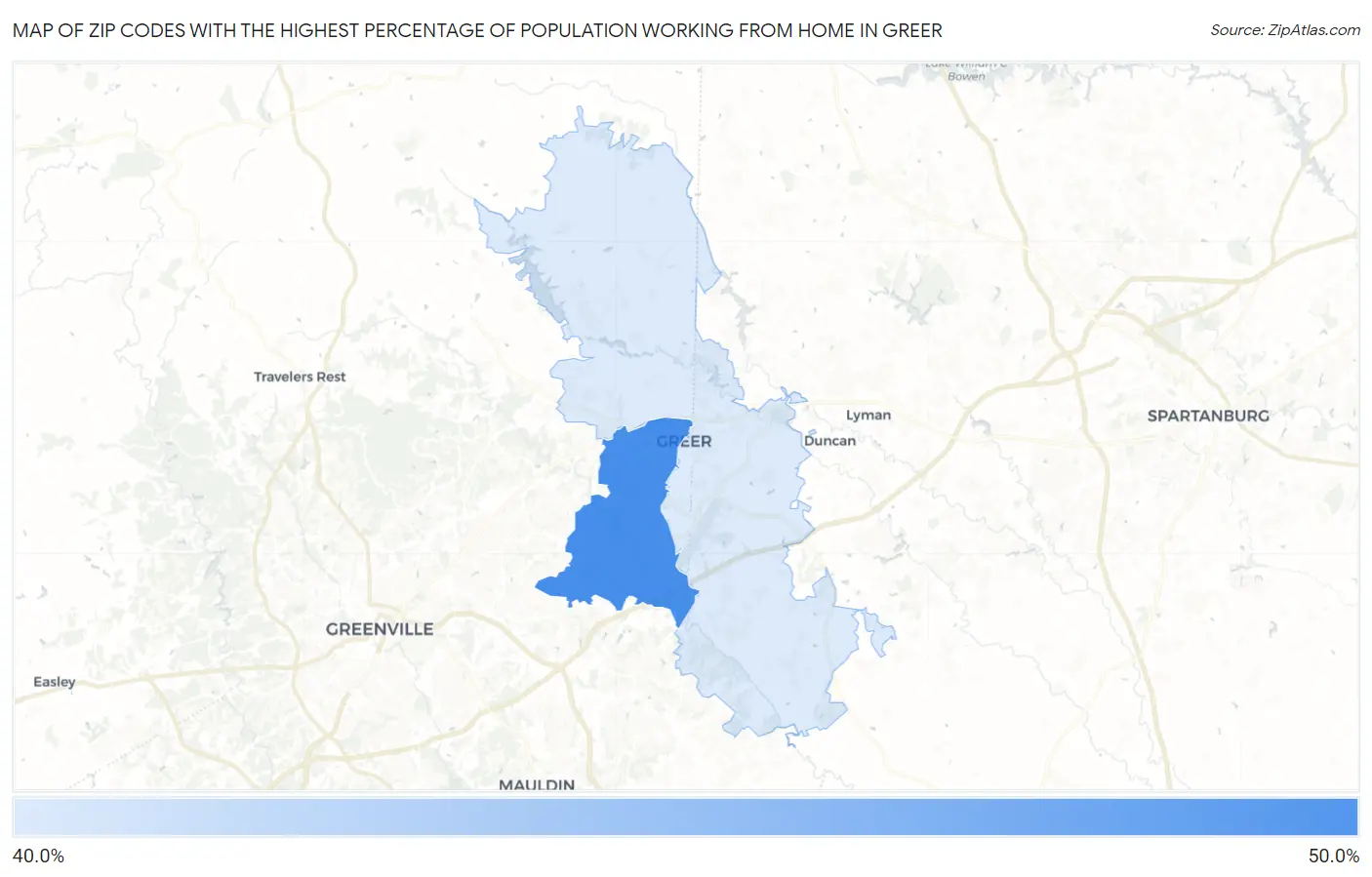 Zip Codes with the Highest Percentage of Population Working from Home in Greer Map