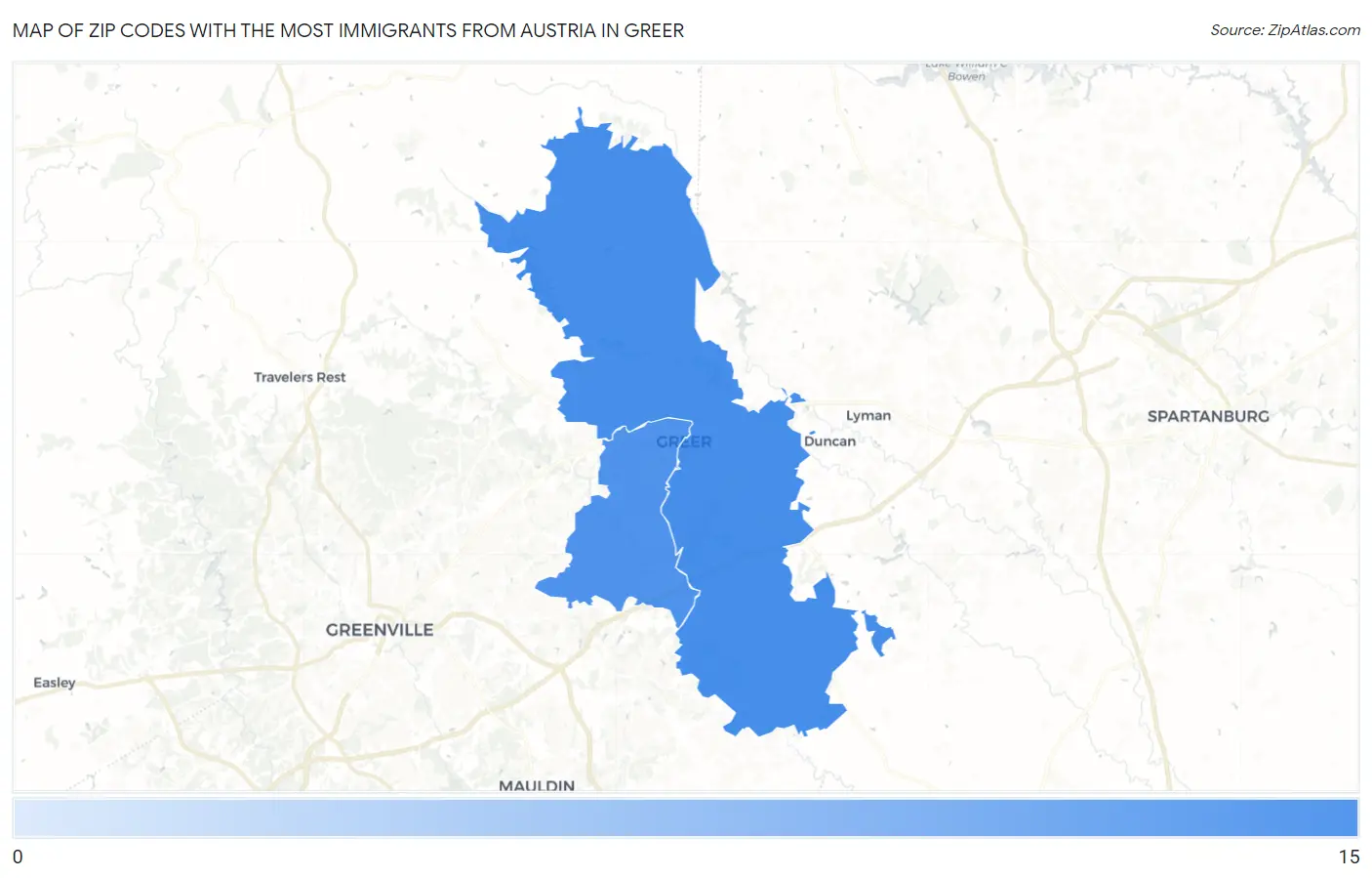 Zip Codes with the Most Immigrants from Austria in Greer Map