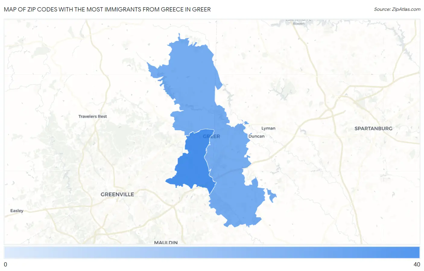 Zip Codes with the Most Immigrants from Greece in Greer Map