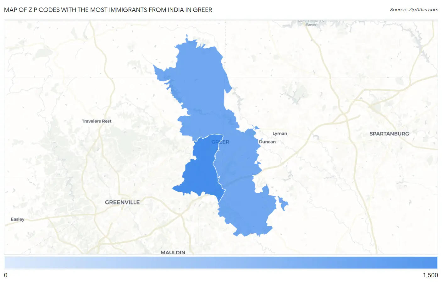 Zip Codes with the Most Immigrants from India in Greer Map