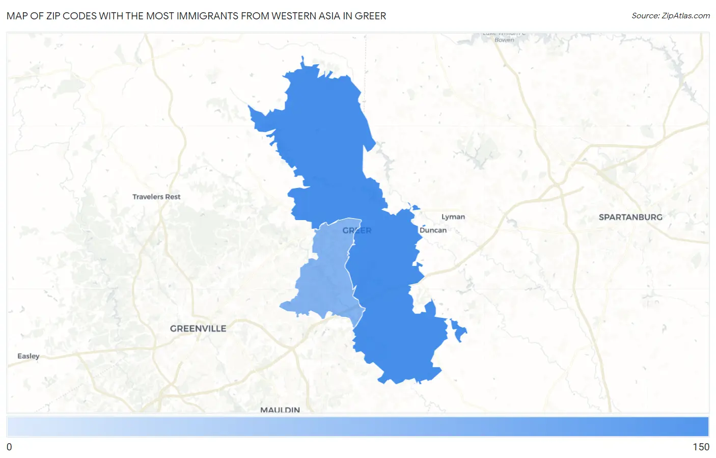 Zip Codes with the Most Immigrants from Western Asia in Greer Map