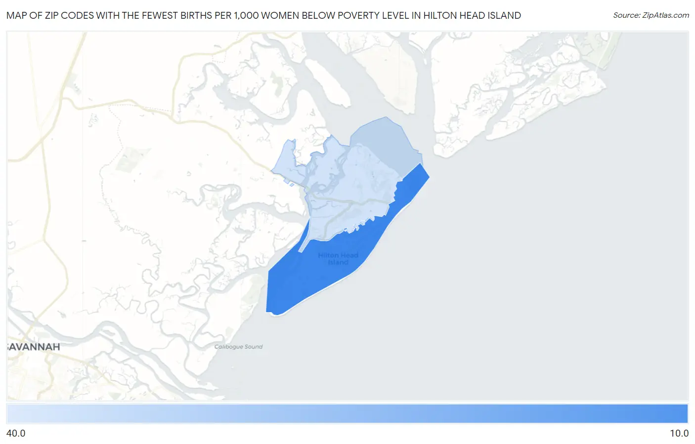 Zip Codes with the Fewest Births per 1,000 Women Below Poverty Level in Hilton Head Island Map