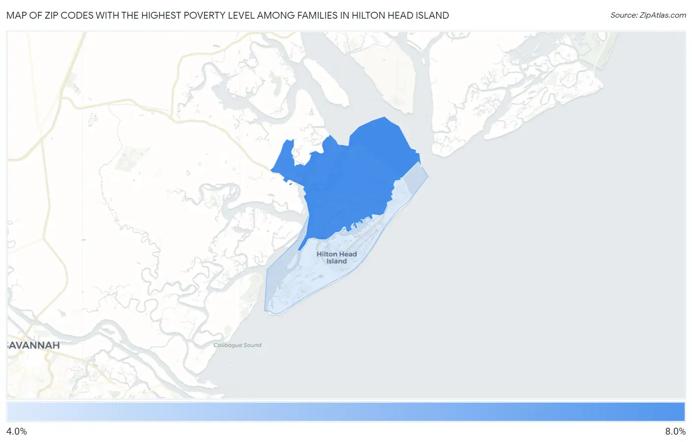 Zip Codes with the Highest Poverty Level Among Families in Hilton Head Island Map