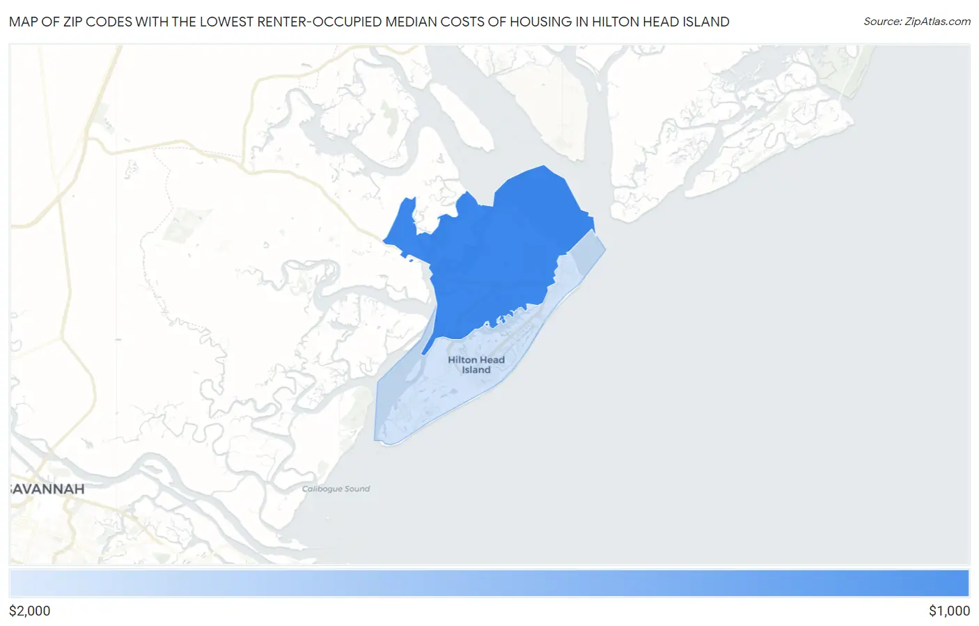 Zip Codes with the Lowest Renter-Occupied Median Costs of Housing in Hilton Head Island Map