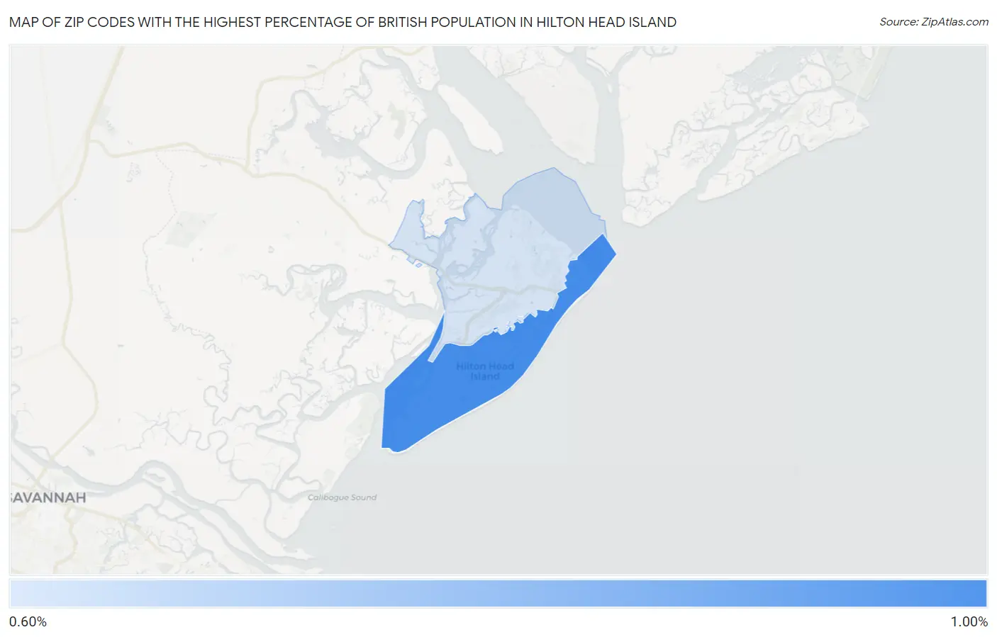 Zip Codes with the Highest Percentage of British Population in Hilton Head Island Map