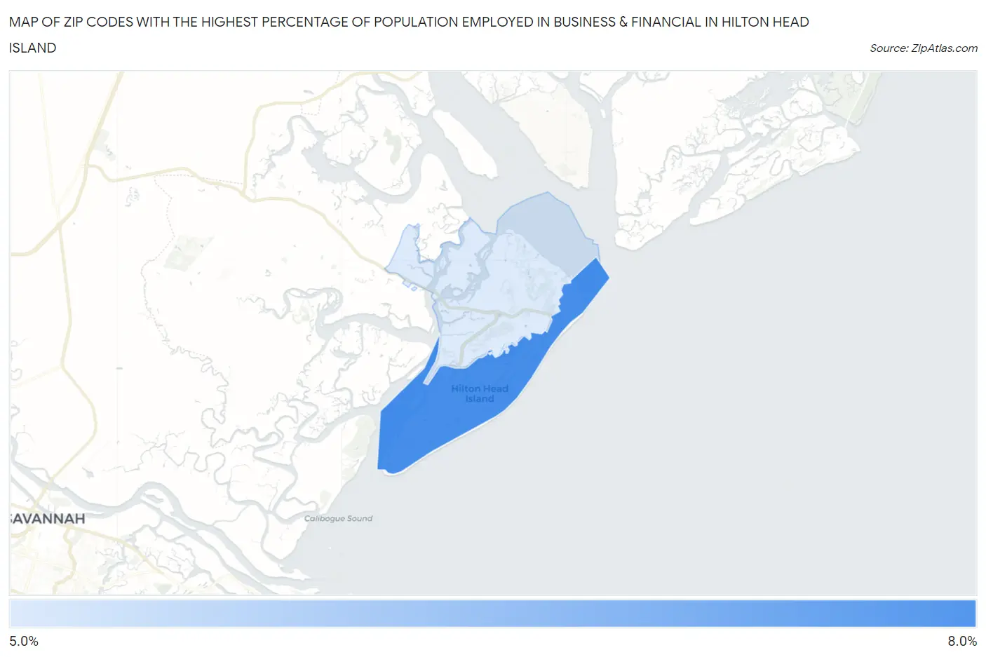 Zip Codes with the Highest Percentage of Population Employed in Business & Financial in Hilton Head Island Map