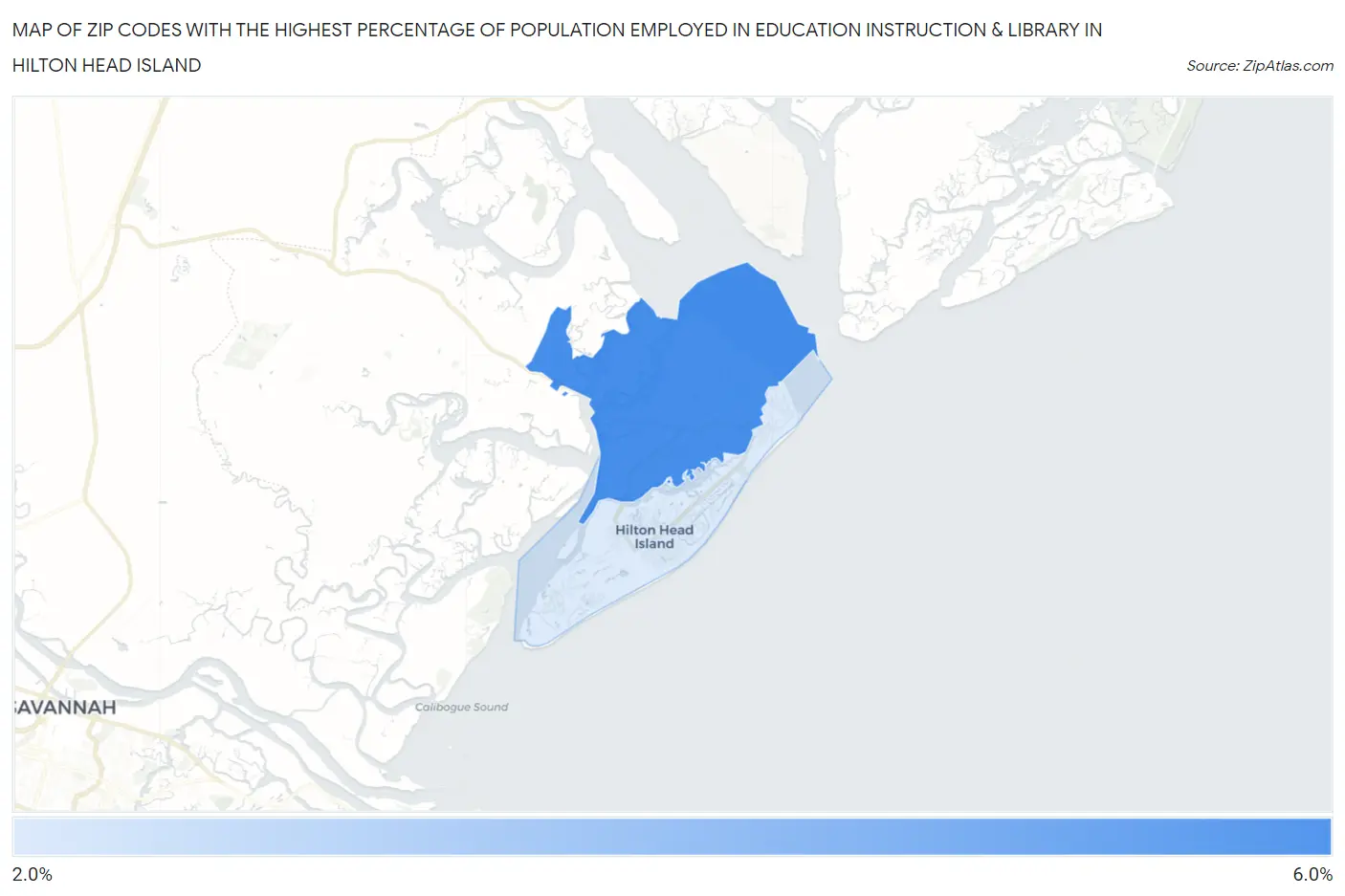 Zip Codes with the Highest Percentage of Population Employed in Education Instruction & Library in Hilton Head Island Map