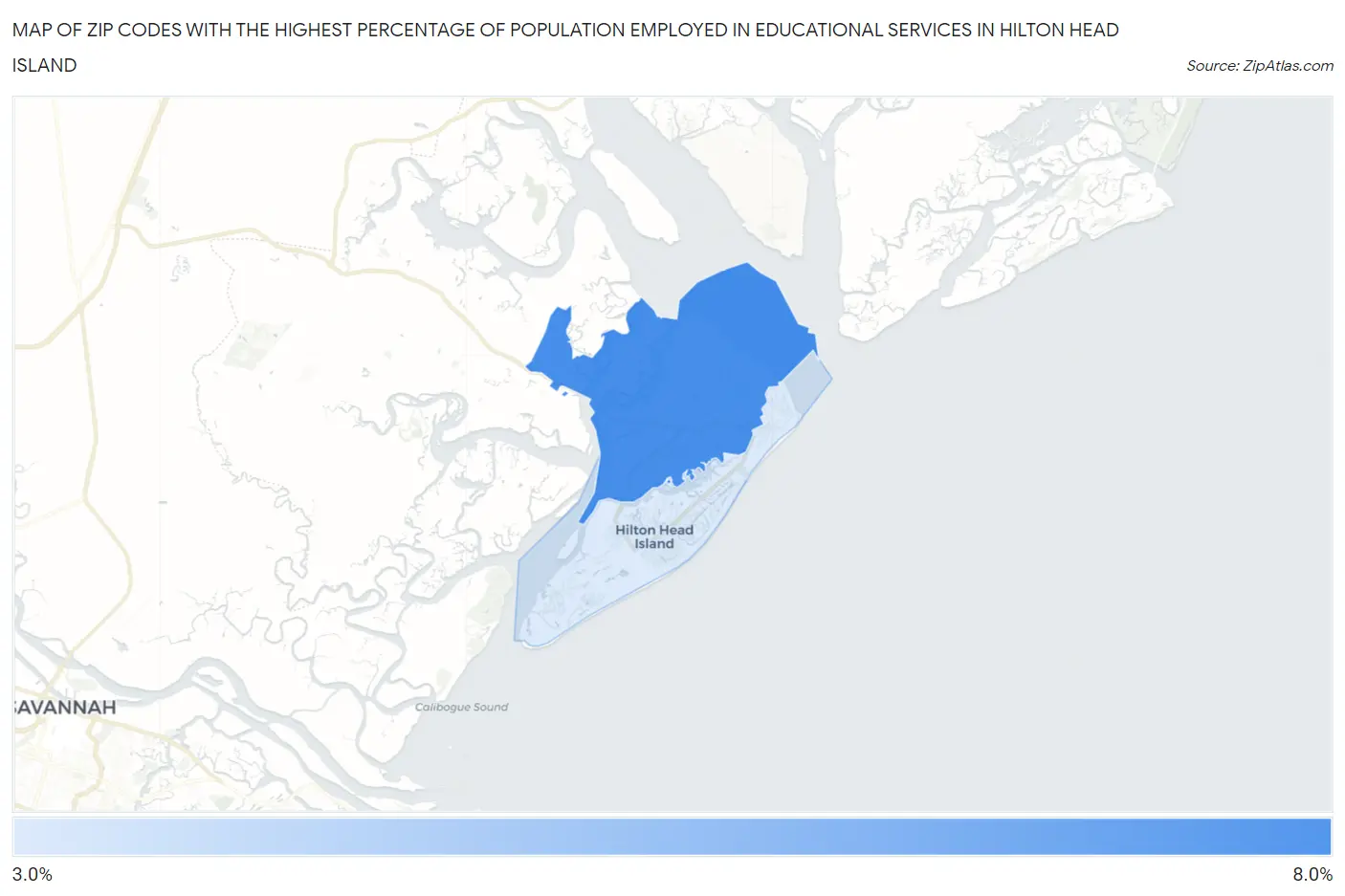 Zip Codes with the Highest Percentage of Population Employed in Educational Services in Hilton Head Island Map
